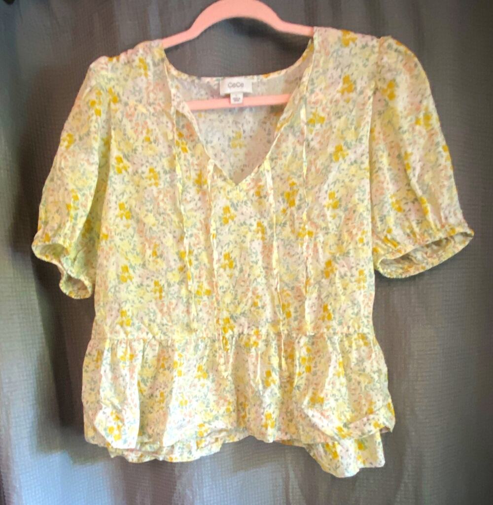 CeCe Women's L Multicolor Floral V-Neck Puff Short Sleeve Peplum Tie Blouse